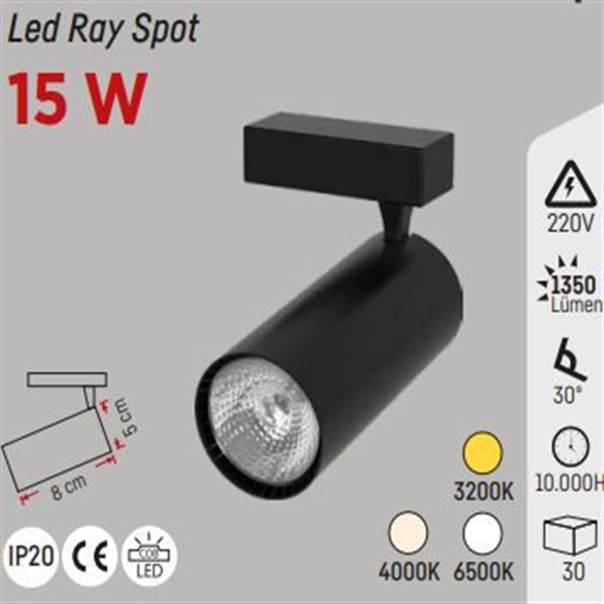15 W RAY SPOT SİYAH KASA 6500K 1